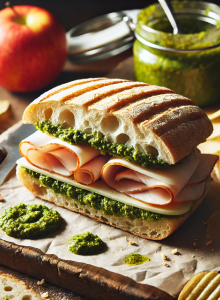 A delightful baked focaccia turkey sandwich features deli turkey, fresh pesto, and crisp cucumber slices. In the background, a jar of vibrant pesto and a juicy apple await.