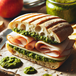 A delightful baked focaccia turkey sandwich features deli turkey, fresh pesto, and crisp cucumber slices. In the background, a jar of vibrant pesto and a juicy apple await.