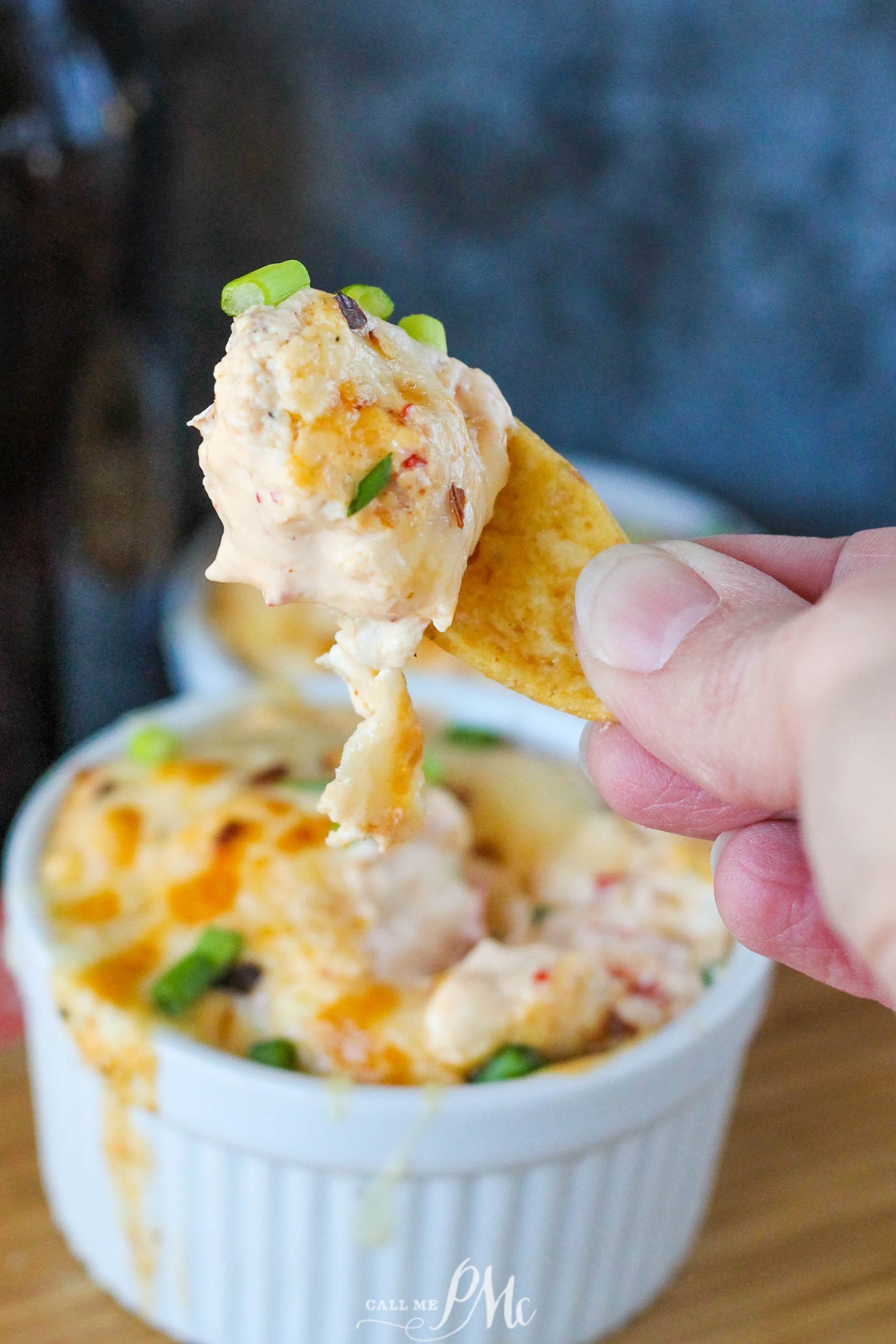 A hand holds a tortilla chip loaded dip, topped with fresh green onions, hovering above a ramekin brimming with the delectable dip.