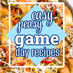 A tray of baked sliders topped with cheese, herbs, and sliced peppers. Text overlay reads, "Easy Peasy Super Bowl Game Day Recipes.