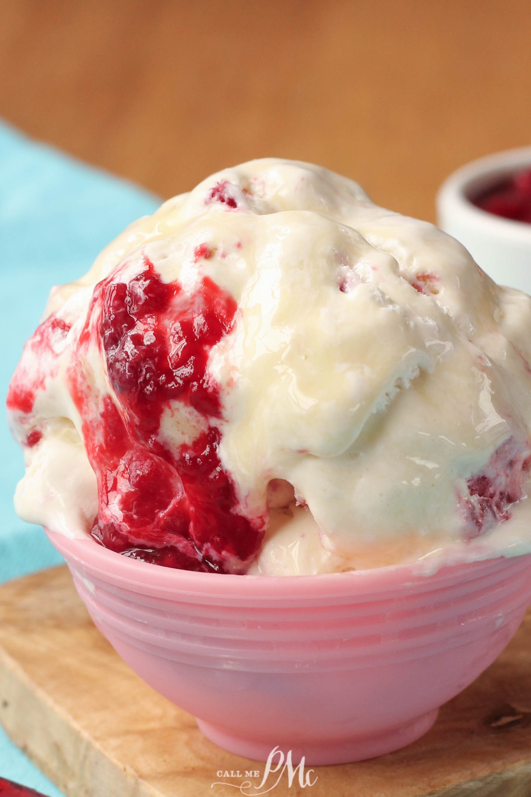 Raspberry Ice cream in pink bowl.