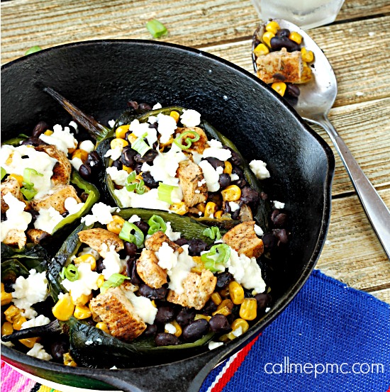 Fajita Seasoned Chicken Black Beans and Corn Stuffed Poblano Peppers