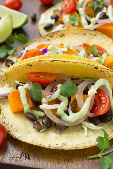 Black Bean Butternut Squash Tacos with Avocado Cream Sauce