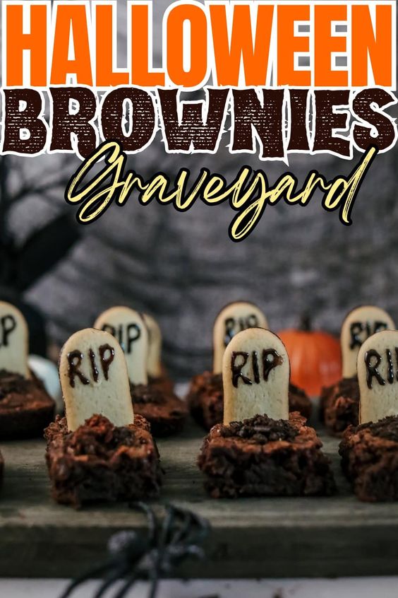 A tray of Halloween-themed brownies, creatively decorated with gravestone-shaped cookies reading "RIP," resembles a creepy graveyard, perfect for spooky holiday gatherings.