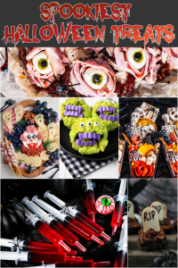 Collage of various spooky and creative creepy Halloween food, including eyeball-shaped pastries, monster rice crispy treats, skeleton cookies, syringe drinks, and RIP tombstone brownies.