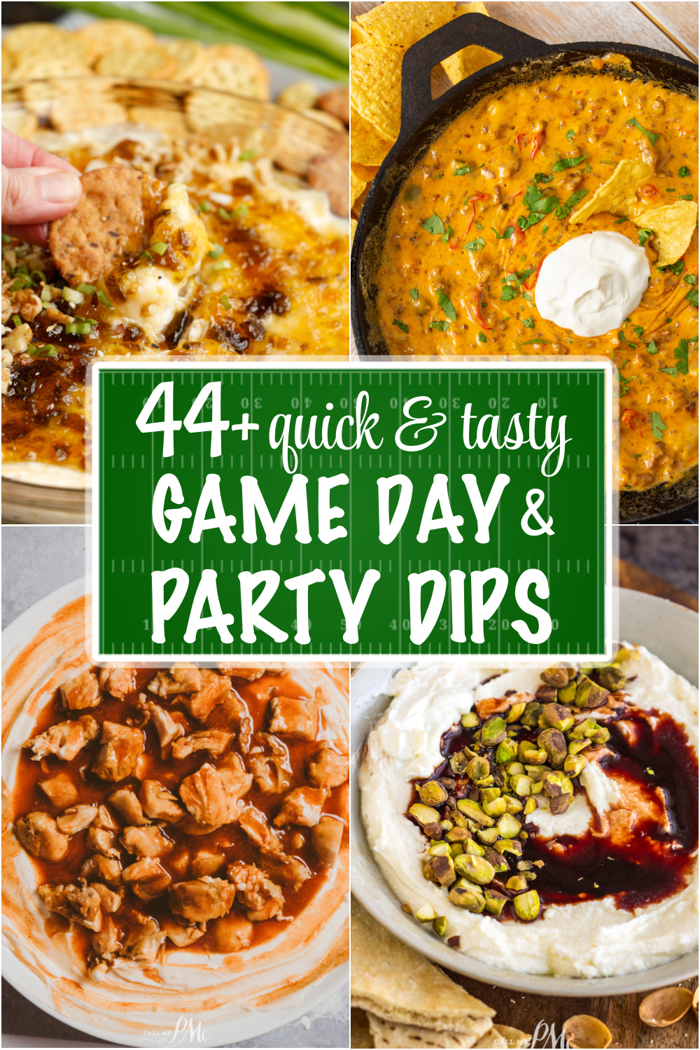 A collage of four vibrant dips, each in unique bowls, surrounds a "20+ Easy Game Day Party Dip Recipes" banner at the center.