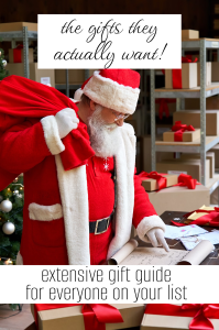 Santa Claus holding a sack and pointing at a scroll in a room filled with gift boxes. Text overlays read "the gifts they actually want" and "extensive gift guide for everyone on your list.