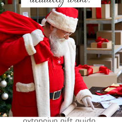 Santa Claus holding a sack and pointing at a scroll in a room filled with gift boxes. Text overlays read "the gifts they actually want" and "extensive gift guide for everyone on your list.