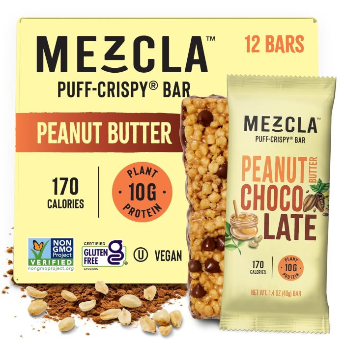 A box and a single wrapper of MEZCLA puff-crispy bars in peanut butter flavor are displayed, touted among the best energy bars. The packaging highlights plant protein, vegan, and gluten-free features.