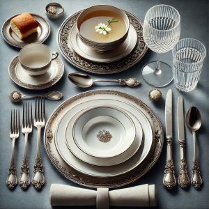 A formal dining table setting demonstrates how to set a table, featuring fine china, silverware, crystal glassware, a bread roll on a small plate, and a bowl of soup garnished with a flower. Napkin folded neatly beside the utensils.