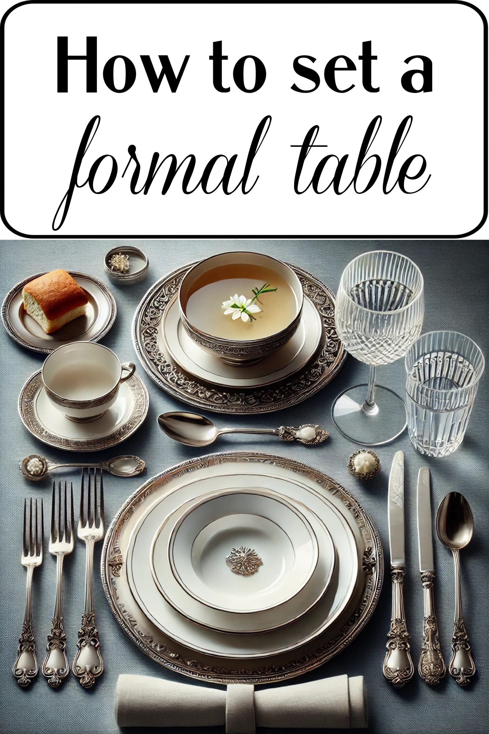 A formal table setting with multiple plates, bowls, glasses, and silverware arranged neatly. A bread roll with butter and a teacup are also placed on the table. Text above reads "How to set a table formally.