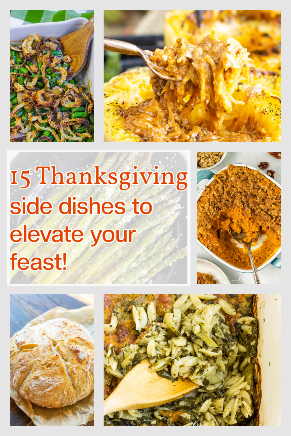 Collage of Thanksgiving sides, featuring zucchini, stuffed squash, bread, orzo, and sweet potato casserole with text: "15 Thanksgiving sides to elevate your feast!