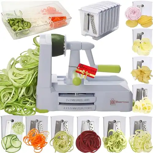 Brieftons 10-Blade Vegetable Spiralizer: Strongest-Heaviest Duty Spiral Slicer, Best Veggie Pasta Spaghetti Maker for Low Carb/Paleo/Gluten-Free, With Container, Lid, Blade Caddy, 4 Recipe Ebooks