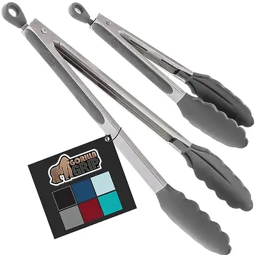 Gorilla Grip Stainless Steel Heat Resistant BBQ Kitchen Tongs Set of 2, Non Scratch Silicone Tip for Nonstick Cooking Pans, Strong Grip for Grabbing Hot Food, Air fryer, Pull Lock, 9 and 12 Inch, Gray