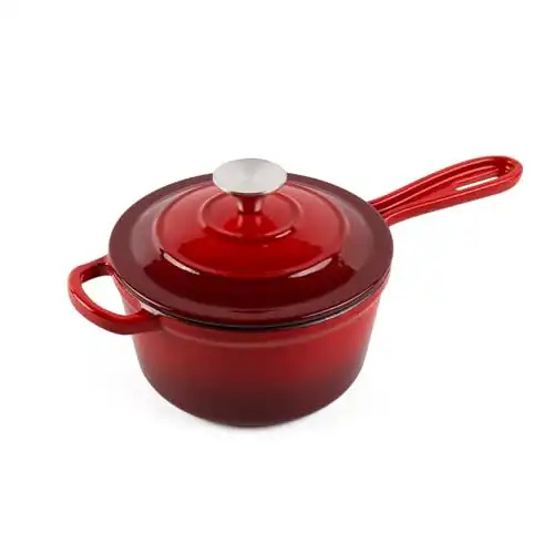 AILIBOO Enameled Cast Iron Sauce Pan, 1.6 Quarts Round Sauce Pot with Lid, Min Dutch Oven Enamel Saucepan for Cooking Pasta Sauce, Gravy, Puddings & Boiling, Gradient Red