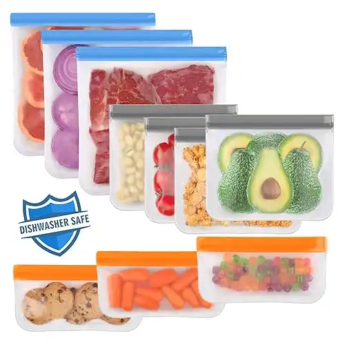 Lerine 10 Pack Dishwasher Safe Bags. Silicone, Leakproof, Reusable, Freezer safe, BPA Free