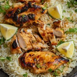 Grilled chicken breasts on a bed of seasoned rice, garnished with cilantro and lemon wedges.