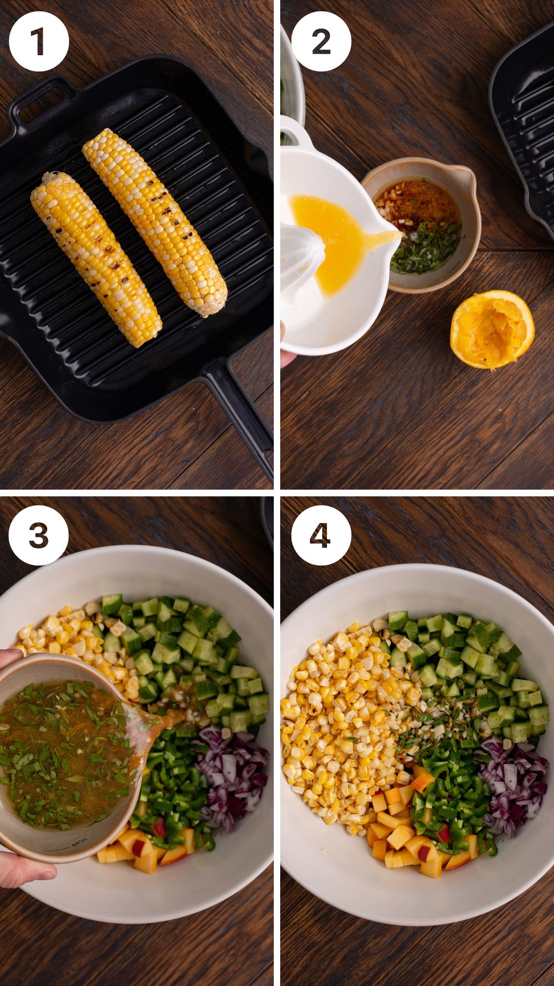 Step-by-step process for making corn salad: 1. Grilled corn on a pan. 2. Juicing an orange with other ingredients. 3. Preparing dressing with herbs. 4. Mixing chopped vegetables and corn in a bowl.