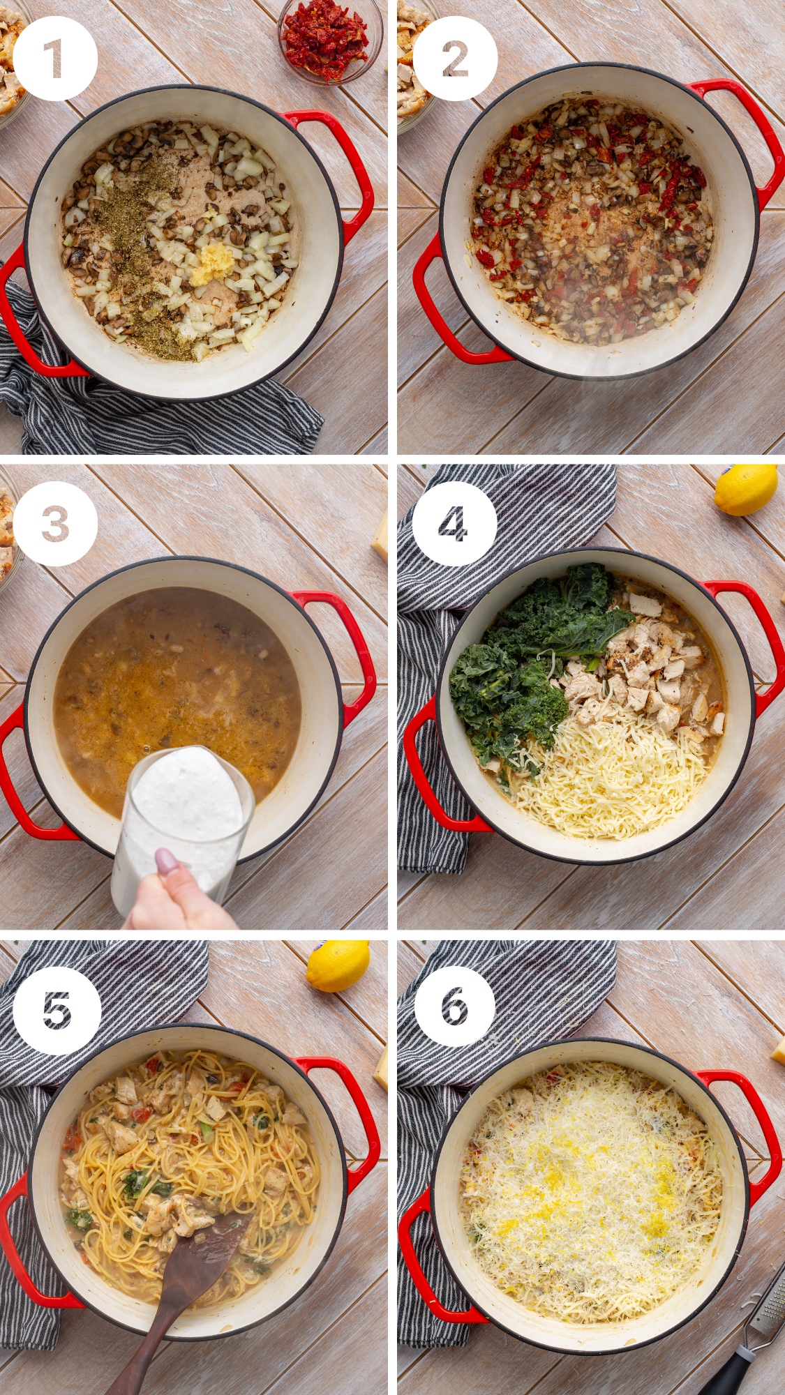 A six-step process of cooking a creamy pasta dish in a red pot: sautéing onions, adding broth and spices, adding cream, mixing in greens and chicken, stirring pasta, and the finished creamy pasta.