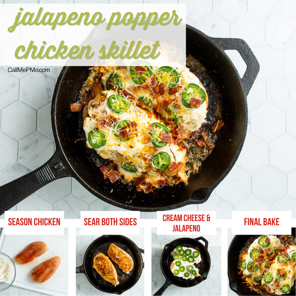 A dish labeled "Jalapeno Popper Chicken Skillet" with four step-by-step images: season chicken, sear both sides, add cream cheese and jalapeno, final bake, shown in a cast iron skillet.