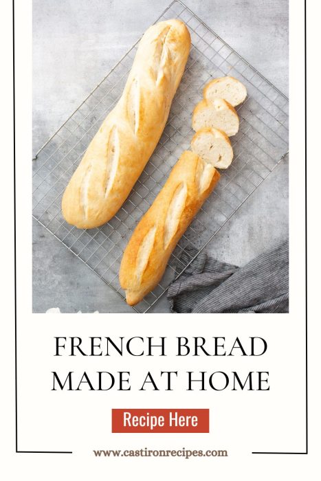 Two French baguette loaves on a cooling rack with a few slices cut from one loaf. The text reads French Bread Made at Home.