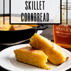 Three slices of cornbread on a white plate with honey being drizzled on top, next to a jar of honey. Background shows additional cornbread in a cast iron skillet. Text reads "Cast Iron Skillet Cornbread.