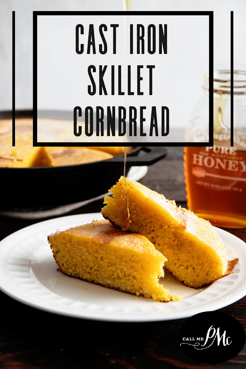 Three slices of food on a white plate with honey being drizzled on top, next to a jar of honey. 