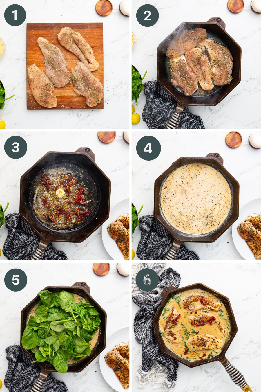 Step-by-step process of cooking a chicken dish: 1. Seasoned raw chicken. 2. Cooking chicken in a skillet. 3. Sauteing onions, garlic, and tomatoes. 4. Adding creamy sauce. 5. Adding spinach. 6. Final cooked creamy chicken with spinach.