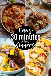 A collage of four different meals with the text "30-Minute Dinner Recipes" in the center. Dishes include a chicken skillet, a fried meat dish with chopsticks, grilled fish with mango salsa, and tacos. Effortless and quick!