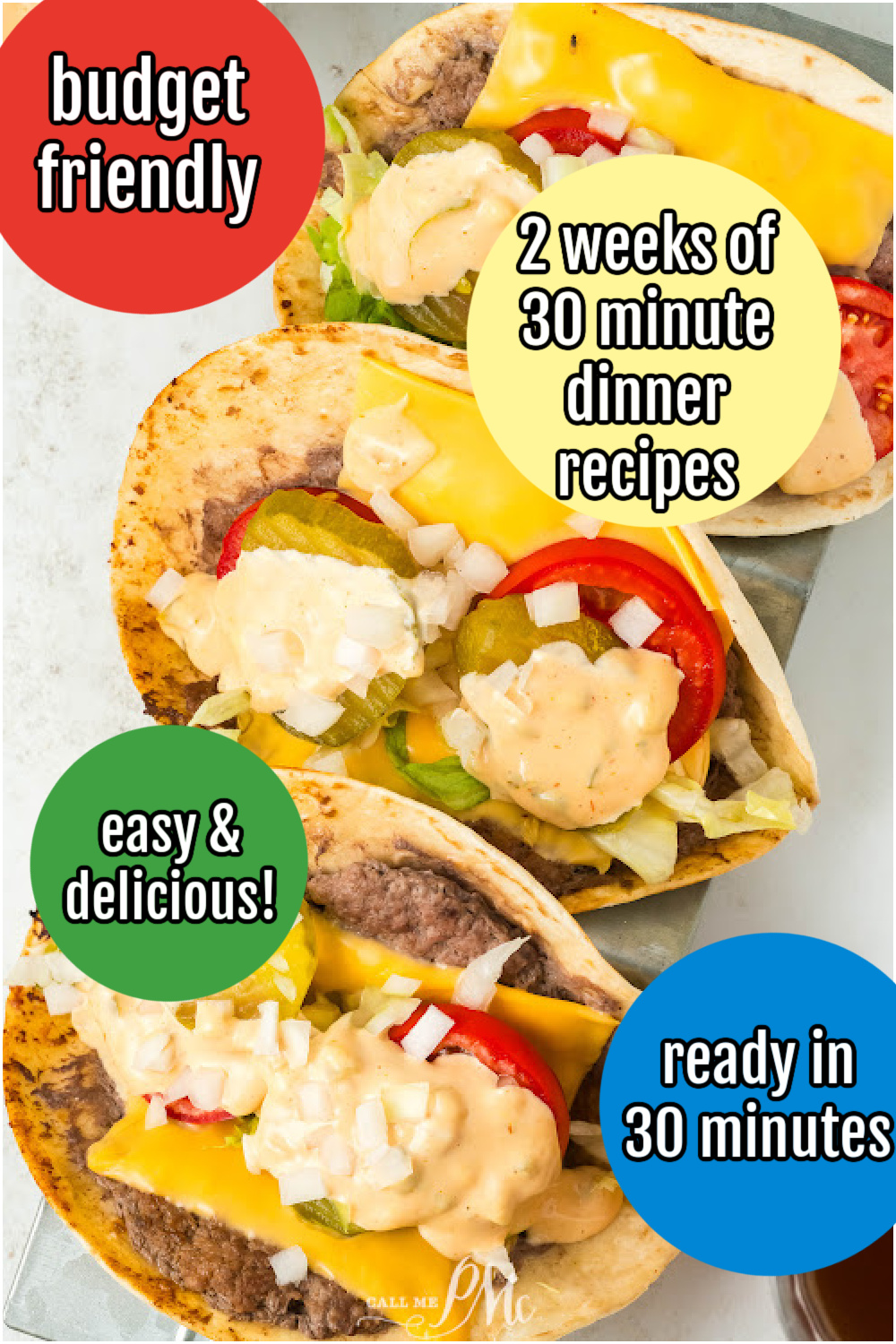 Tacos with cheese, meat, lettuce, tomato, pickles, onions, and sauce are topped with colorful text circles: "budget friendly," "2 weeks of 30-minute dinner recipes," "easy & delicious," and "ready in 30 minutes.