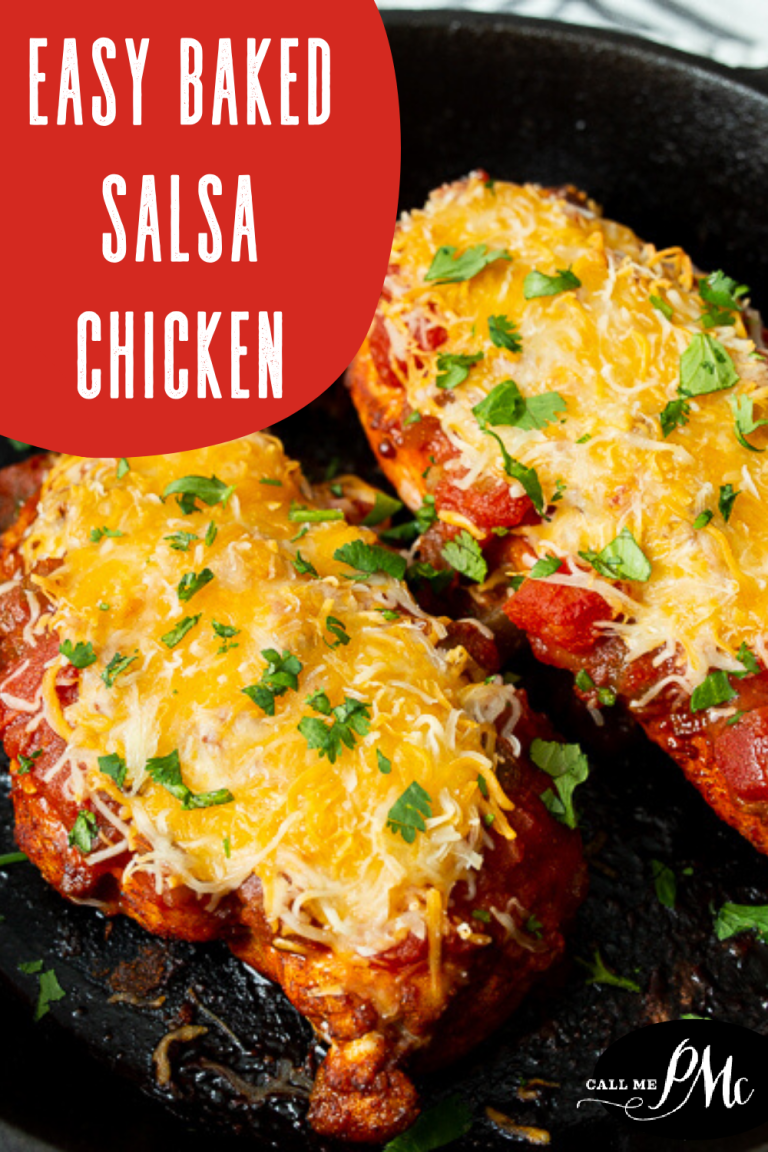 In a skillet, baked salsa chicken breasts are topped with melted cheese and garnished with chopped herbs. A text overlay reads "Easy Baked Salsa Chicken.