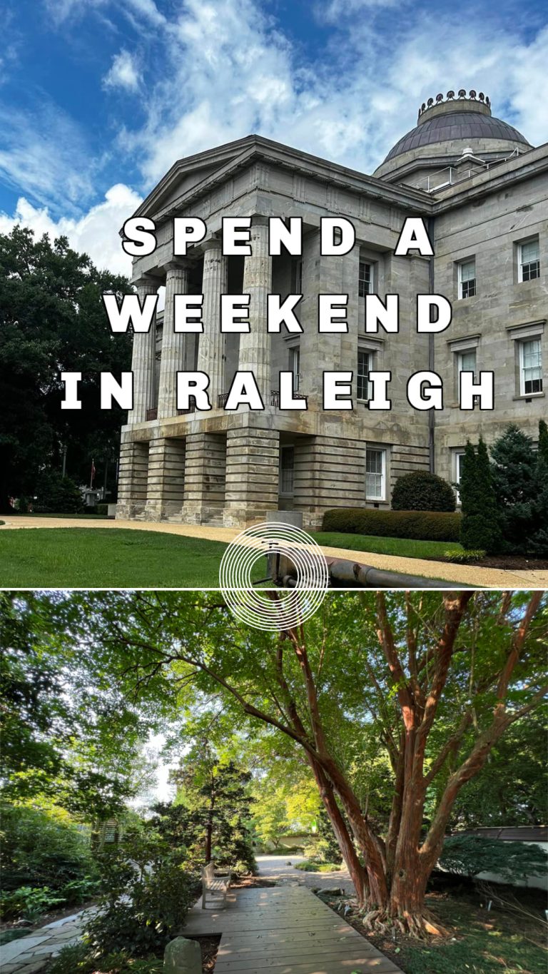 Image showcasing a historic building with columns under a partly cloudy sky, and a lush garden pathway with mature trees. Text reads: "Tour Raleigh North Carolina – Spend a Weekend in Raleigh.