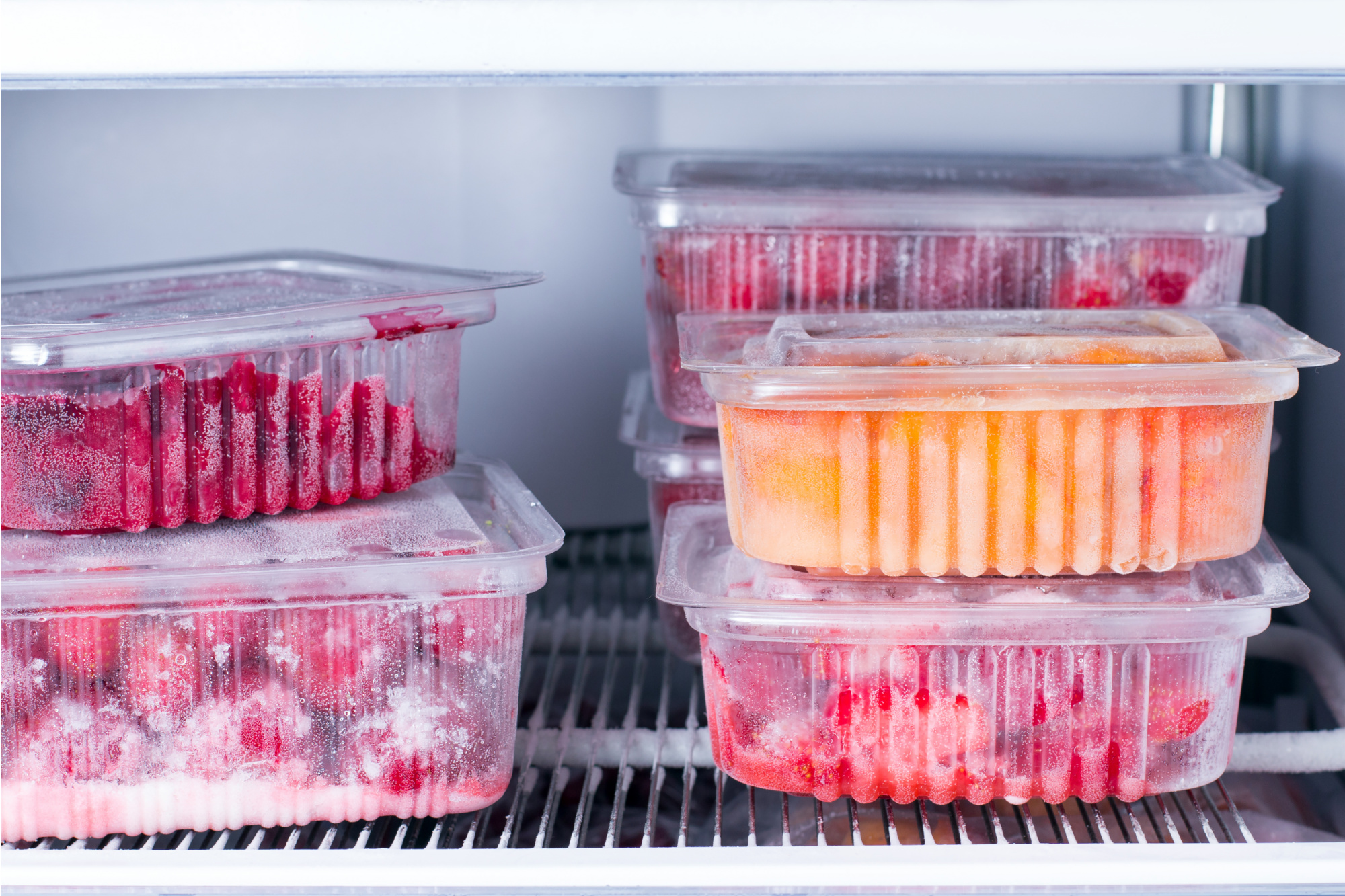 Containers with frozen food in the freezer.