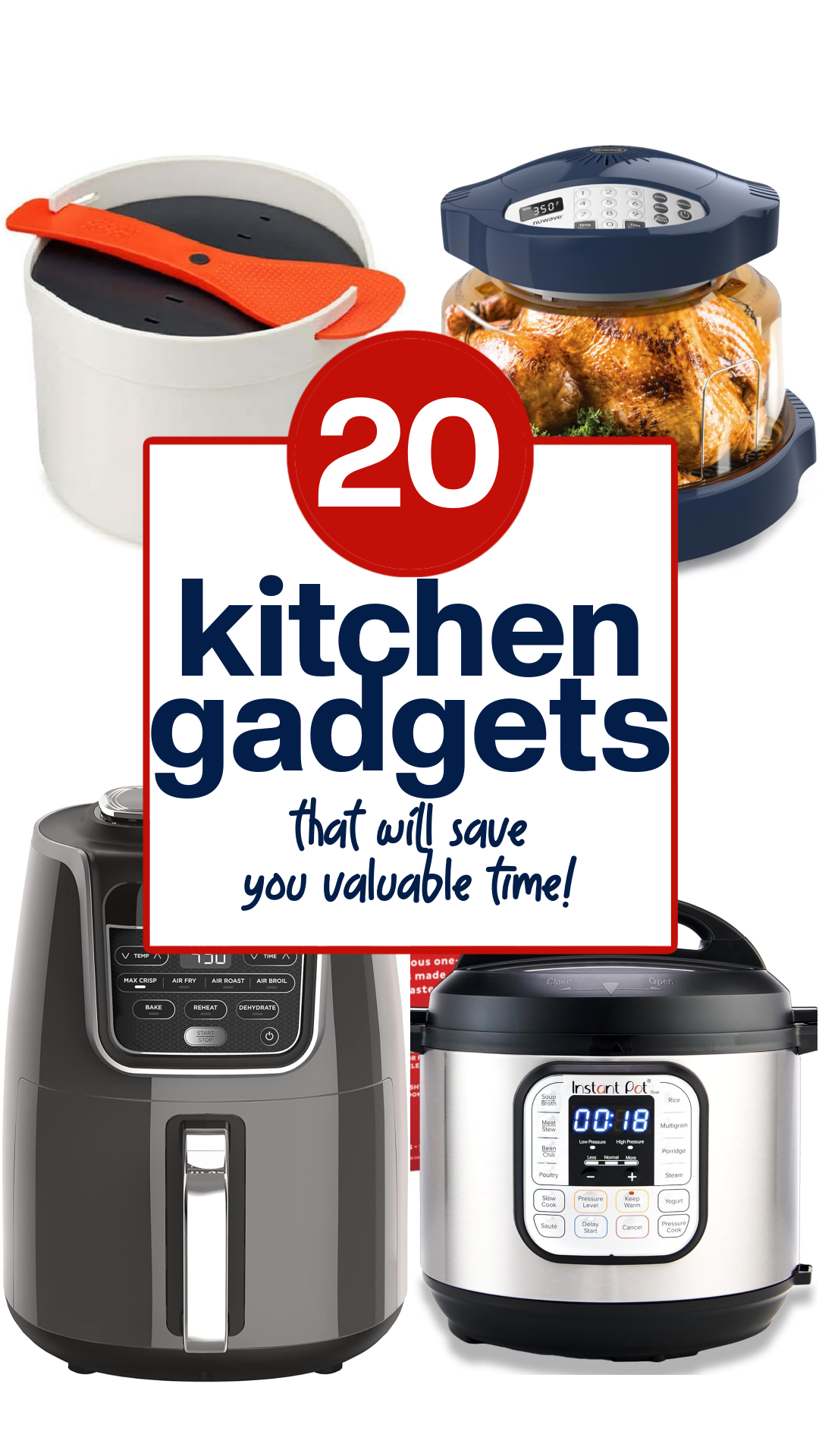 Image showing various kitchen gadgets including a rice cooker, an air fryer, a pressure cooker, and a chicken roaster, with a text overlay that says "20 Kitchen Tools for Fast Meals that will save you valuable time!