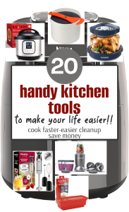 Collage of 20 kitchen tools, including an Instant Pot, Ninja blender, NuWave air fryer, and more. Text emphasizes their convenience in cooking, cleaning, and saving money—perfect Kitchen Tools for Fast Meals.