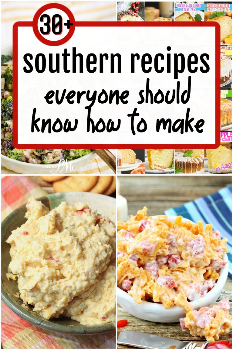 A collage image featuring a title reading "30+ classic Southern recipes everyone should know how to make" and photos of various Southern dishes, including dips and casseroles, in the background.