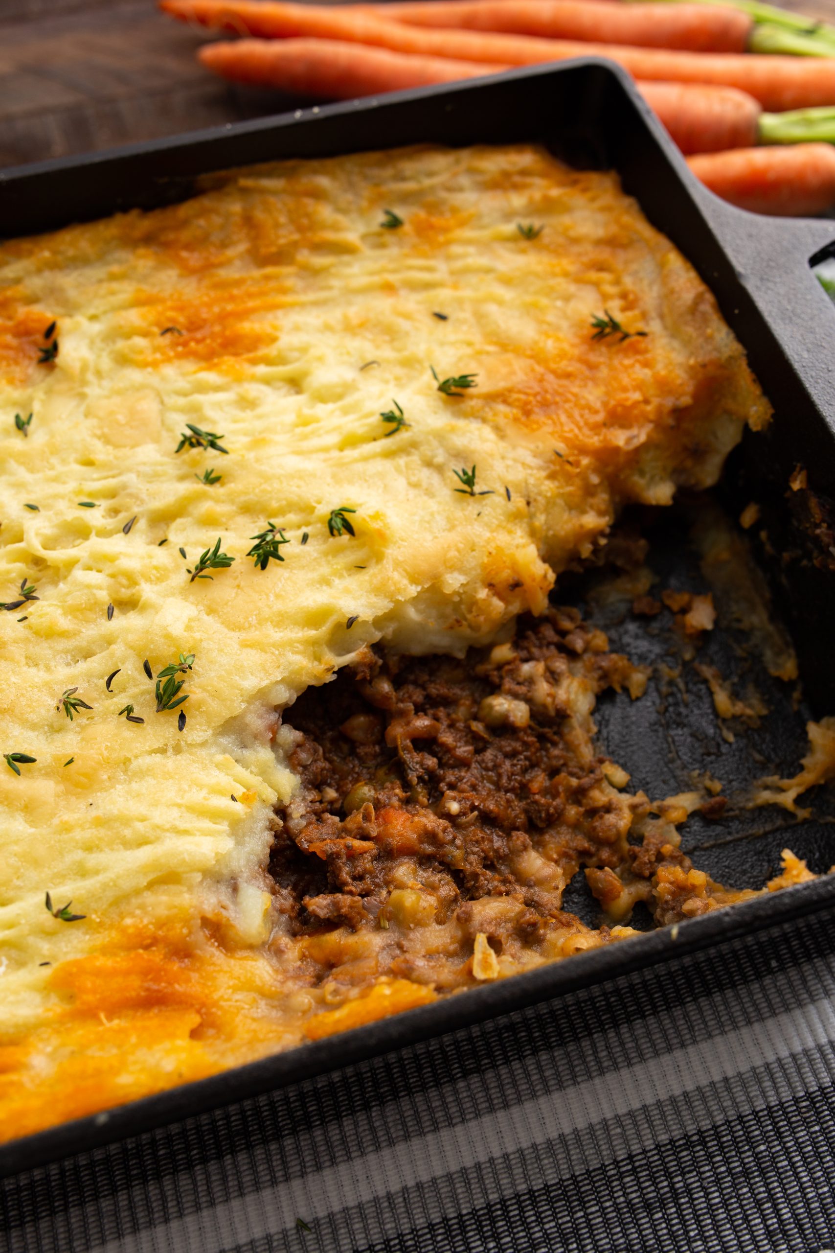 Authentic Cottage Pie Recipe in a casserole dish.