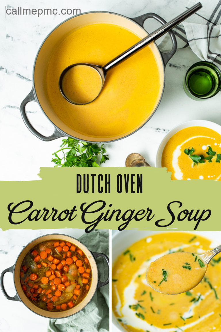 Overhead view of a pot of Dutch Oven Carrot Ginger Soup with a ladle, a bowl of the soup garnished with herbs, and chopped carrot pieces in another pot. Text reads, "Dutch Oven Carrot Ginger Soup.