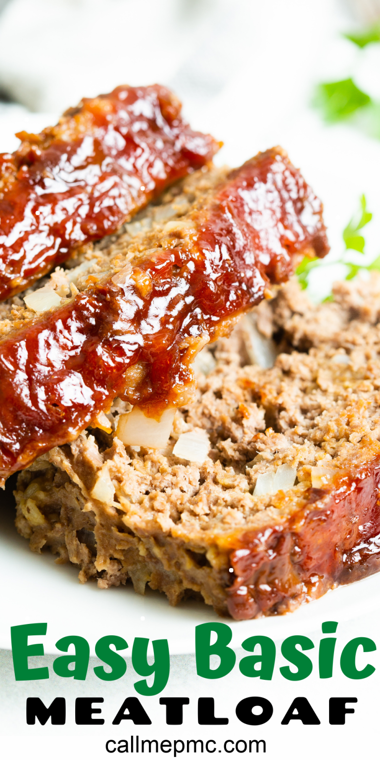 Close-up of a slice of meatloaf with a glossy glaze, showcasing the texture and ingredients. Text at the bottom reads "Easy Basic Meatloaf" with a website URL "callmepmc.com" seen beneath it.