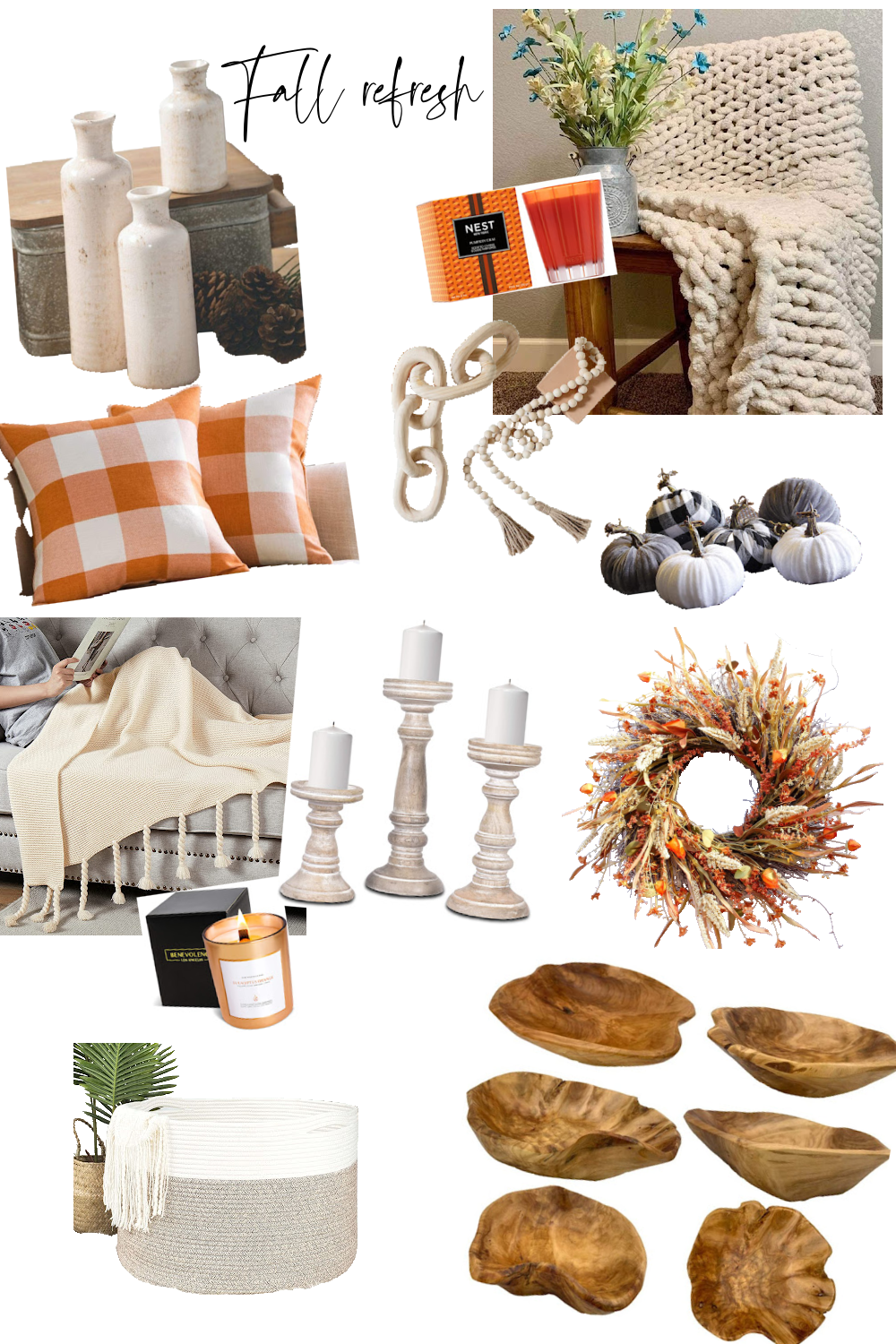 A collage of home decor items for fall, featuring vases, a chunky blanket, checkered pillows, decorative beads, candles, a wreath, a basket, wooden bowls and mini pumpkins. Some creative creepy Halloween elements add a touch of festive fun.