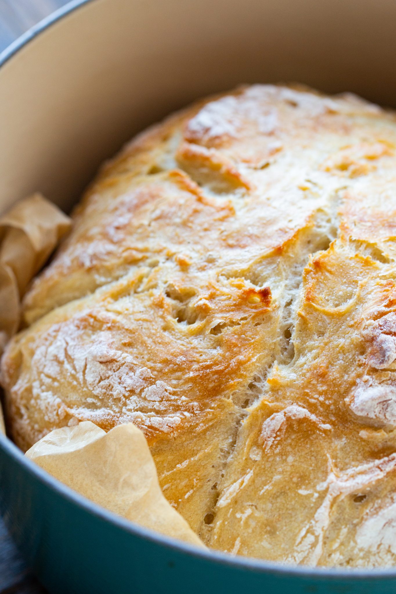 A close-up of a freshly baked loaf of crusty bread in a baking dish, with a golden brown crust and light dusting of flour.