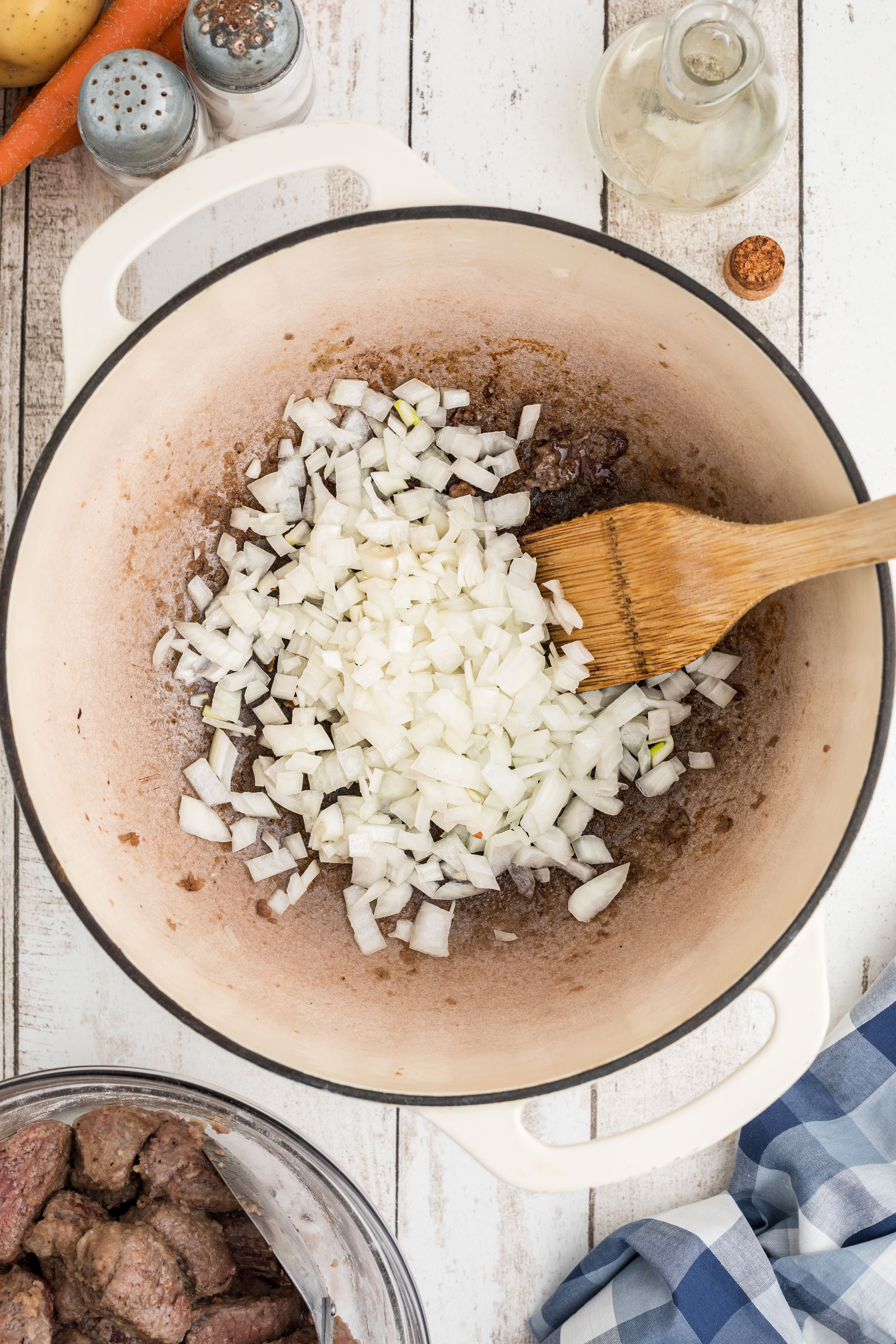 Diced onions in a pot.