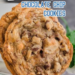 Close-up of two chocolate chip cookies with a "Butterfinger Chocolate Chip Cookies" label at the top.