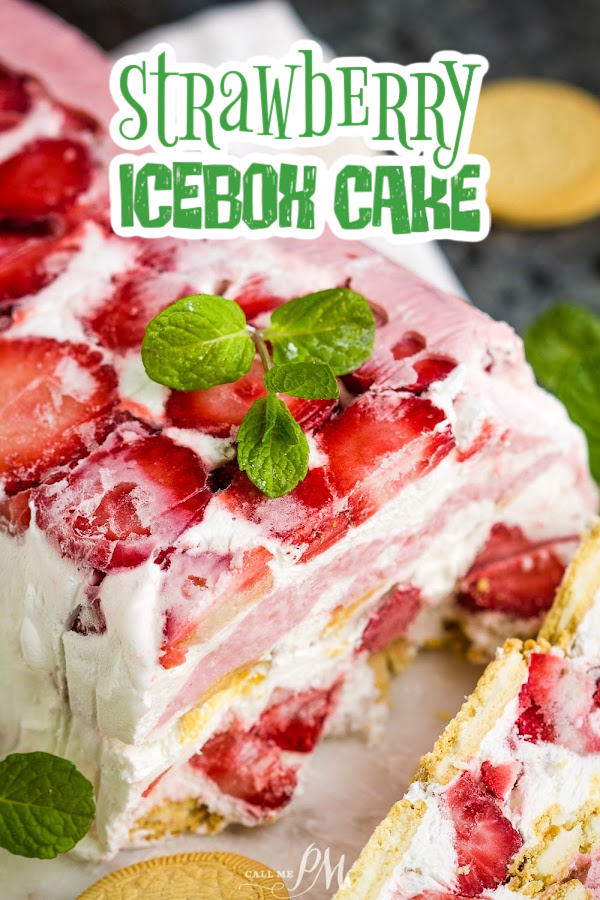 A close-up of a delectable strawberry icebox cake with layers of whipped cream, fresh strawberries, and cookies, garnished with fresh mint leaves.