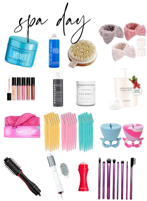 Collection of spa and beauty products, including brushes, lotions, headbands, makeup erasers, and hair tools, arranged on a white background with "spa day" written at the top.