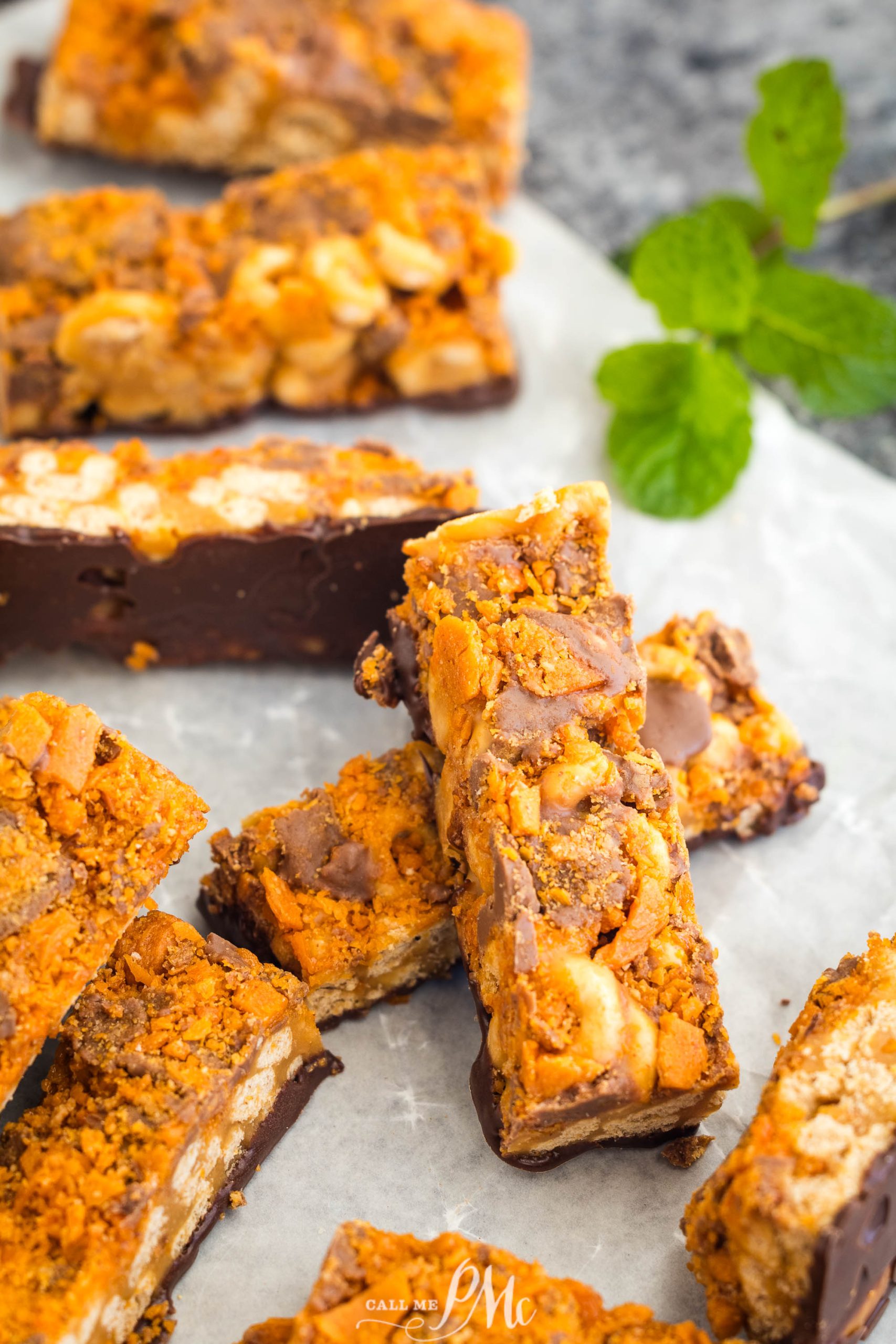 Homemade chocolate peanut butter bars with a crumbly topping are arranged on parchment paper with a sprig of mint in the background.