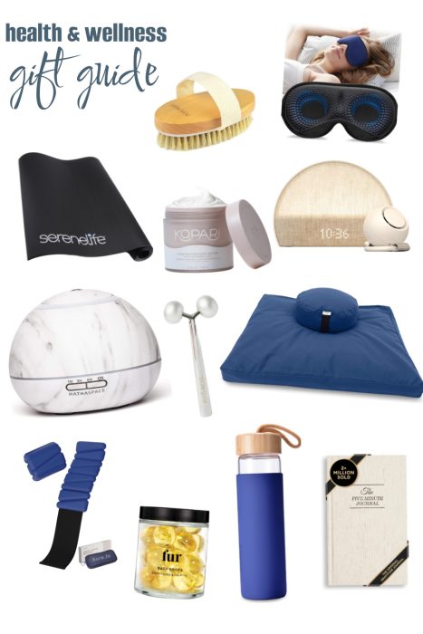 Explore the 2024 Holiday Gift Guide featuring health and wellness essentials: an eye mask, dry brush, massager, yoga mat, skincare products, water bottle, diffuser, resistance bands, pillow, and journal. Perfect for nurturing body and spirit.