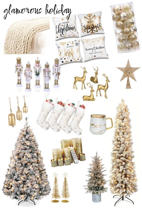 A collection of glamorous holiday decor, including Christmas trees, ornaments, gold reindeer, nutcrackers, festive pillows, and stockings.