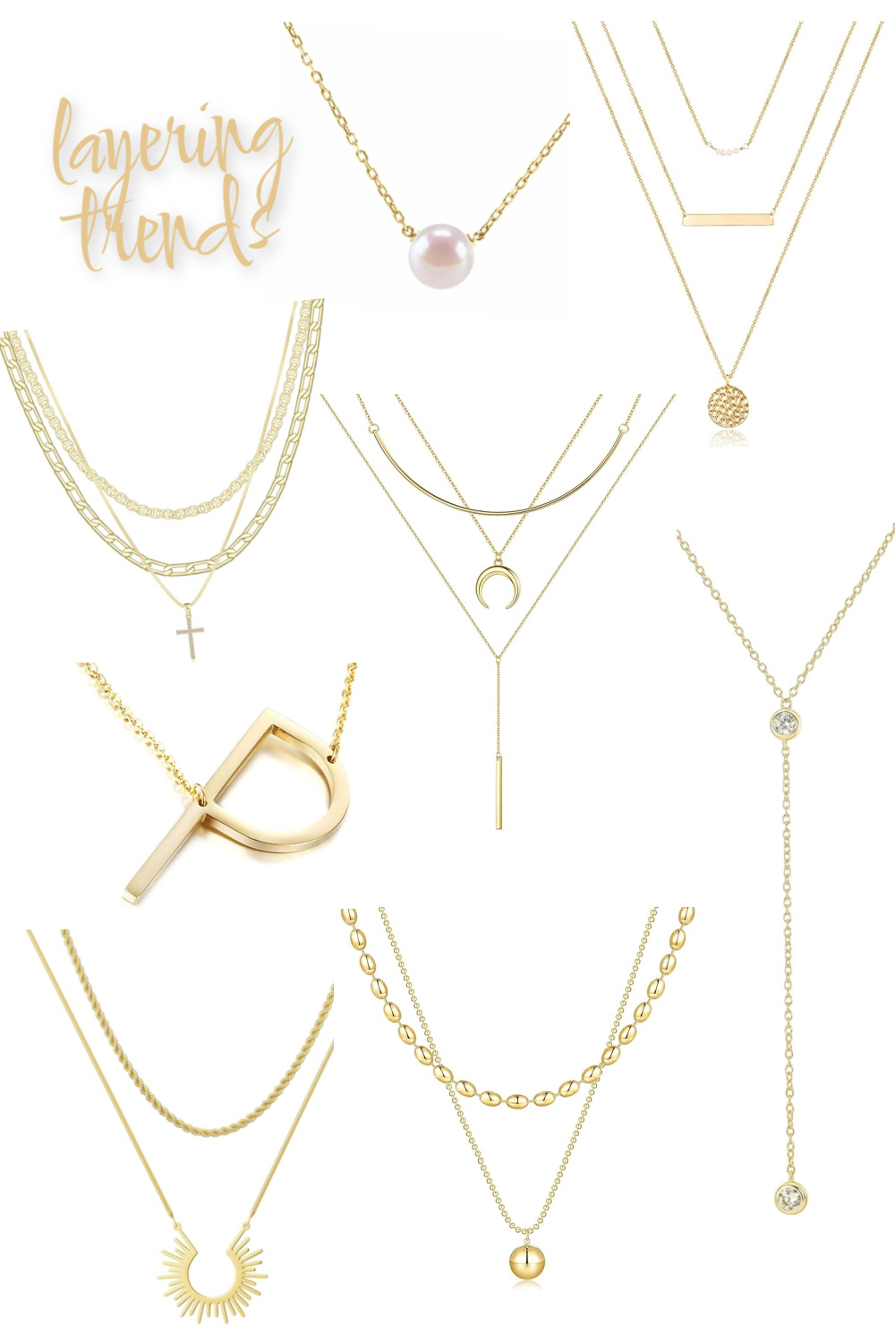 Collection of layered necklaces in gold, featuring various pendants such as pearls, circles, and bars, displayed on a white background. Text reads "layering trend".