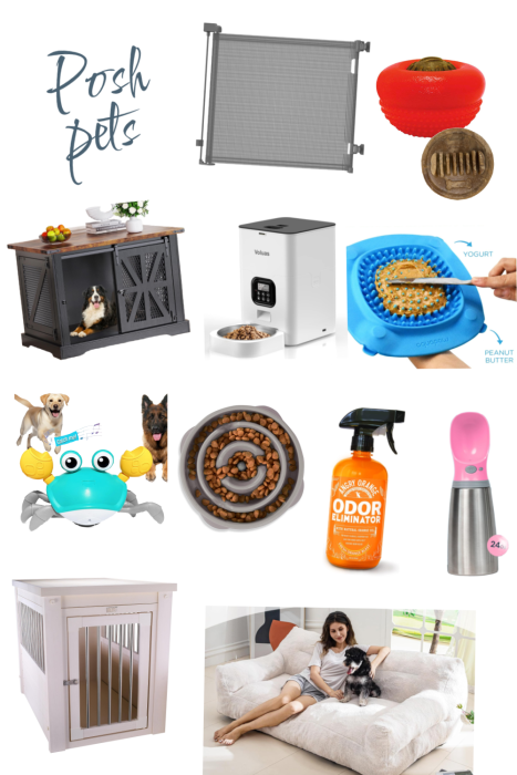 Collage of pet products including a pet gate, toys, a pet crate, food dispenser, odor eliminator spray, grooming tool, and a woman on a sofa with a dog.